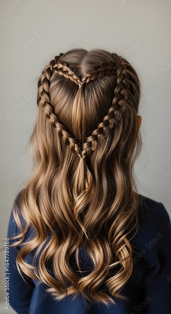 Fototapeta premium Delicate and intricate heart-shaped braid hairstyle on a young girl's flowing hair, a charming and artistic expression of love and beauty, perfect for a memorable occasion.