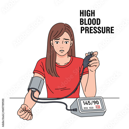 Worried woman with high blood pressure result, hypertension medical vector concept.