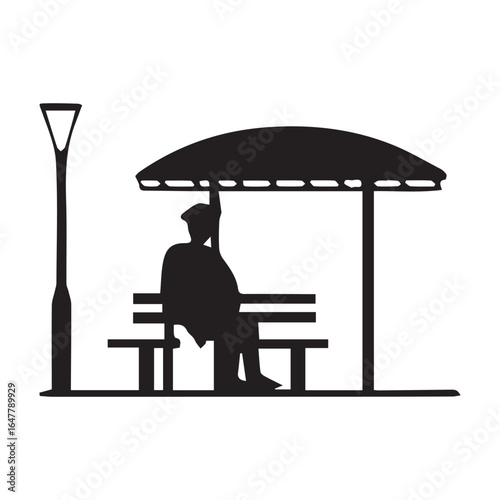 Silhouette of a man sitting on a bench under a shelter isolated on white background