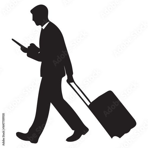 Silhouette of a businessman walking with suitcase and using mobile phone isolated on white background