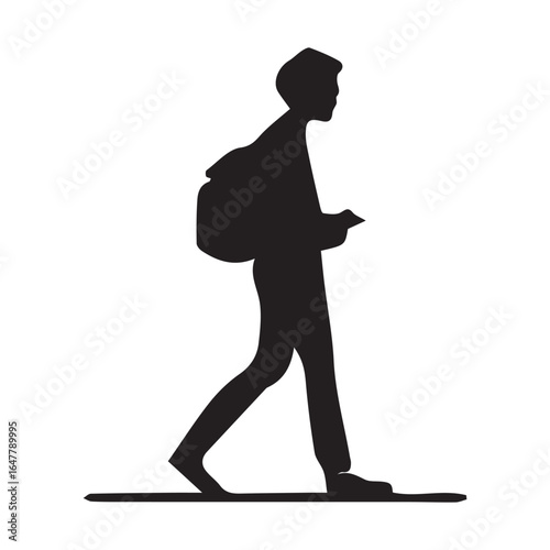 Silhouette of a person walking with a backpack isolated on white background