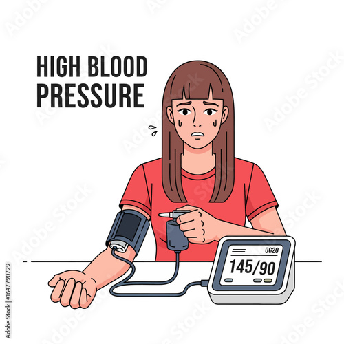 Worried woman with high blood pressure result, hypertension medical vector concept.