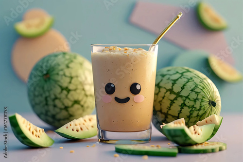 Cute Melon Smoothie with Smiling Face and Fresh Whole Melons in Kawaii Style