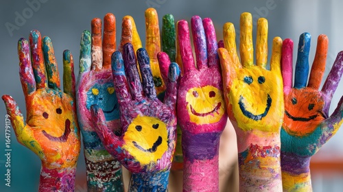 Colorful Hands with Smiley Faces Represent Joy, Creativity, and Childlike Happiness in Art Therapy and Community Engagement Activities