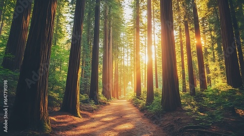 Forest path glowing under warm sunlight and green trees high resolution picture
