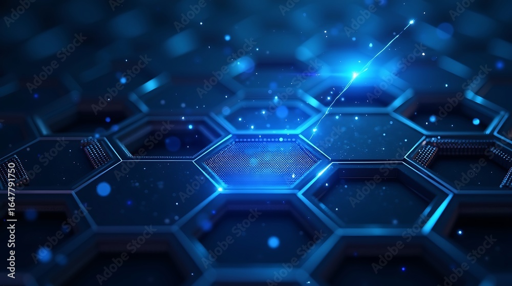 Obraz premium Abstract blue hexagonal grid with glowing lights and particles