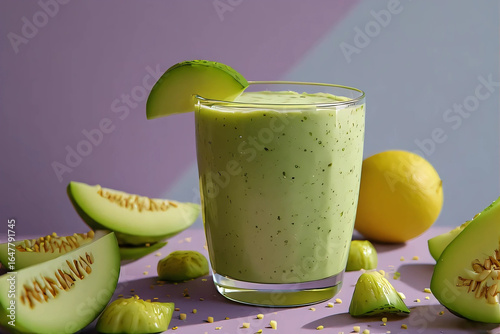 Fresh Green Melon Smoothie with Lemon and Melon Slices on Pastel Background