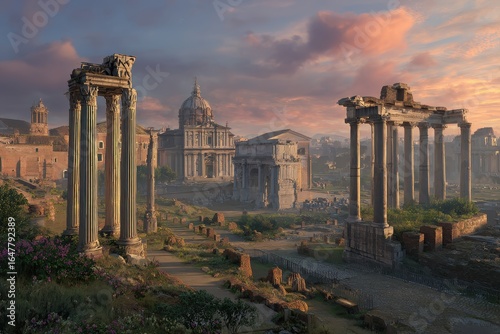 Roman Forum Ruins at Sunset, Rome, Italy: Ancient Architecture and Historical Landmarks