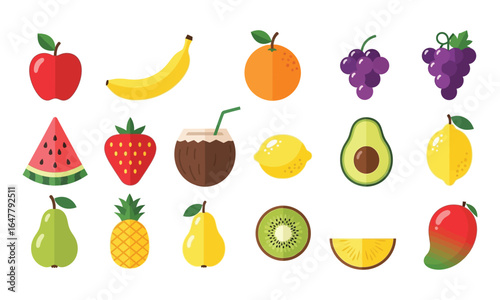A vibrant cartoon collection of fresh fruits and vegetables including apples, oranges, strawberries, bananas, and a pineapple