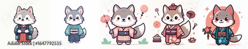 cute wolf vector in kimono costume