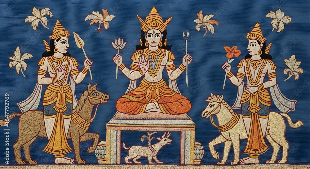 Obraz premium Indian Deity with Attendants and Symbolic Animals