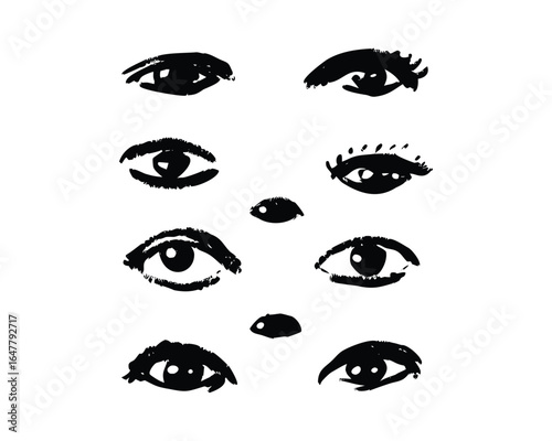 A collection of stylized, hand-drawn eye illustrations in black ink on a white background