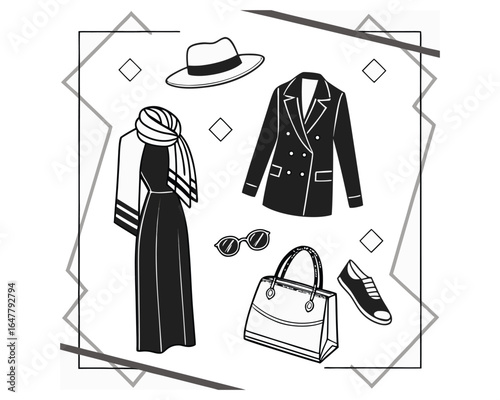 A collection of stylish women's clothing items, including a dress, jacket, scarf, hat, sunglasses, handbag, and sneakers, presented in a clean, modern, and minimalist black and white line art illustr