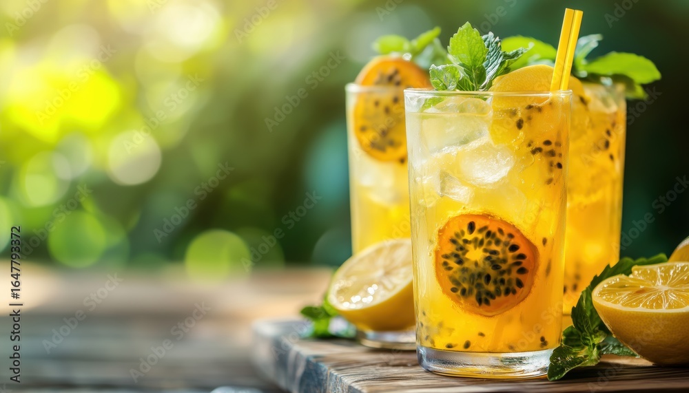 Fototapeta premium Refreshing Summer Passion Fruit Cocktail: A Cold, Healthy Lemonade Drink For Sunny Days With Sparkling Water And Lemon