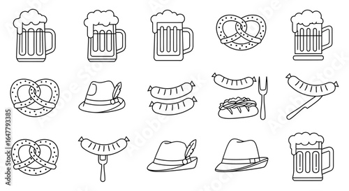 Celebrate Oktoberfest with these charming line art icons of beer mugs, pretzels, sausages, and traditional hats perfect for festive designs