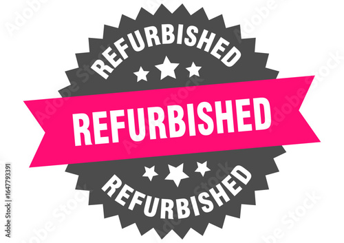 refurbished. refurbished round pink label isolated on transparent background