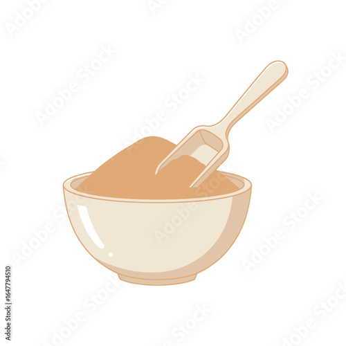 Illustrative bowl filled with brown sugar and a scoop ready for baking preparations, A bowl of sugar or spice powder with a spatula cartoon design