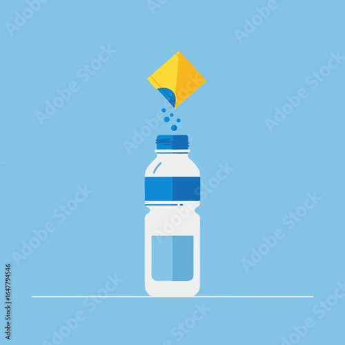 Powder being poured into a water bottle illustration, Preparing a drink with powder mix in a water bottle graphic