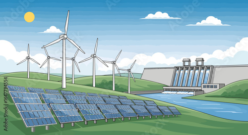 Sustainable energy landscape featuring solar panels, wind turbines, and a hydroelectric dam for a cleaner future with innovative power solutions