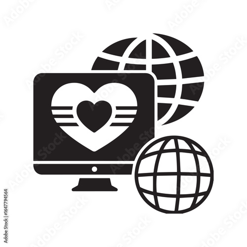  Silhouette icon of a computer monitor displaying a heart symbol and horizontal lines, representing digital care or emotional messaging. 
