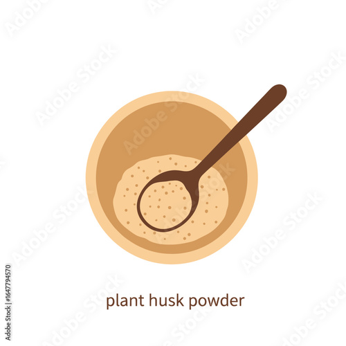 Plant Husk Powder in Bowl with Spoon, Illustration of Healthy Dietary Supplement for Digestive Health