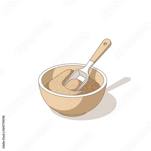 A bowl of brown sugar with a scoop in it, ready for baking, Simple and charming illustration of a scoop in a bowl of brown sugar