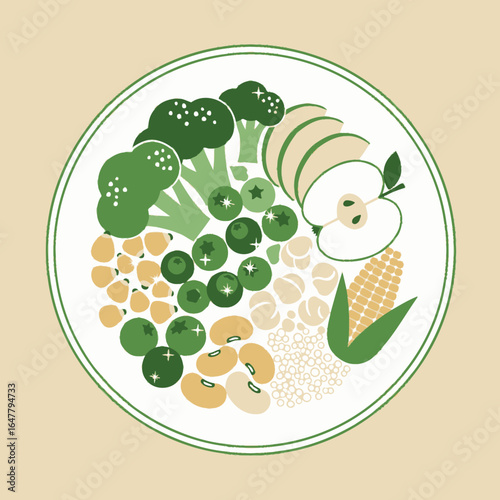 Vibrant and Healthy Vegan Bowl Illustration, Whimsical Fresh Produce Bowl Vector Art
