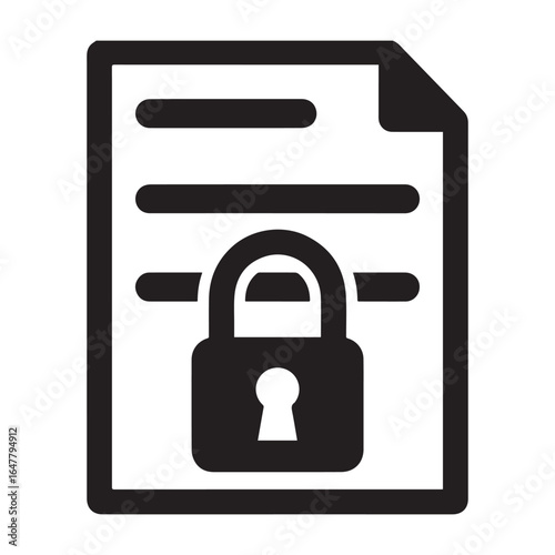  Silhouette icon of a document with three horizontal lines representing text, positioned behind a closed padlock.