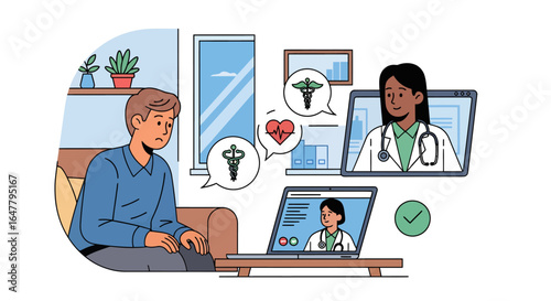 Worried patient consulting with doctors online using telehealth for medical advice and treatment, embracing modern healthcare technology for convenient care