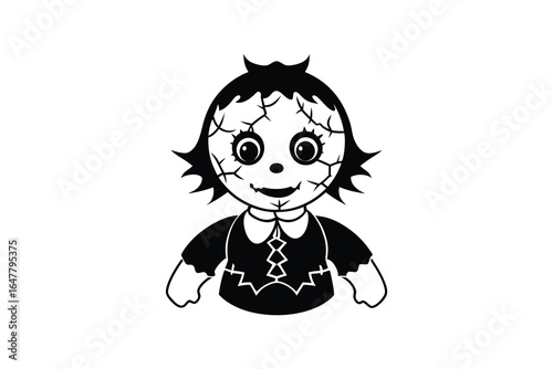 A cartoon drawing of a creepy doll with a cracked face and black hair silhouette