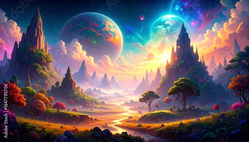 Colorful fantasy landscape with fantastical planets