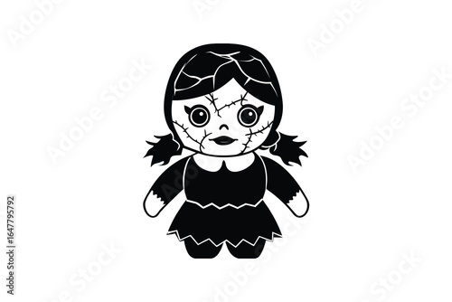 A black and white illustration of a creepy doll with stitched face and hair silhouette