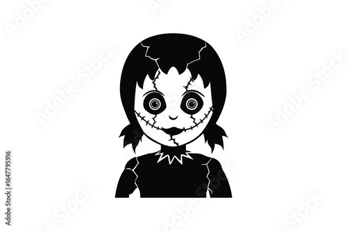 A black and white cartoon image of a creepy doll with a stitched face silhouette