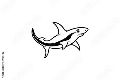 A black and white illustration of a swimming shark from the side view silhouette