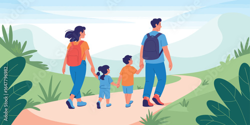Happy family of four walking hand in hand on nature trail with hills and greenery, bonding outdoors in peaceful natural environment