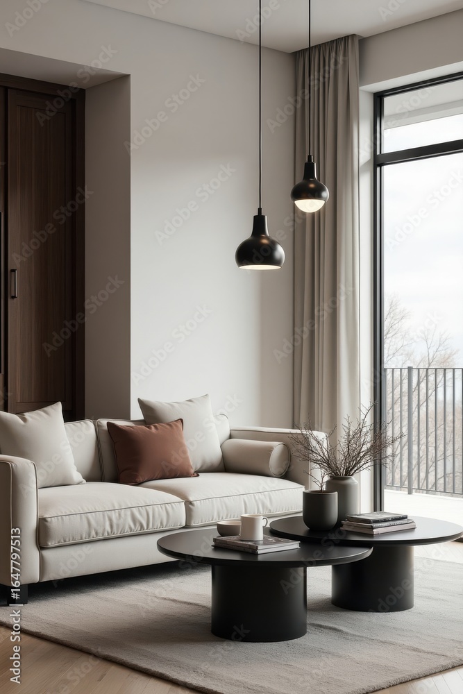 Fototapeta premium Modern Living Room Interior with Neutral Sofa, Round Tables, and Natural Light