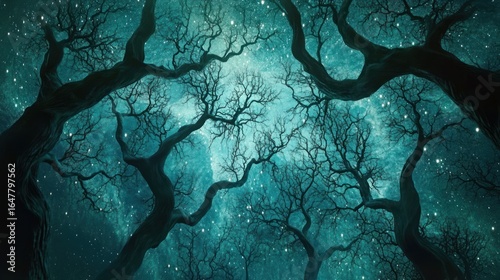 Dark trees under a starry teal sky