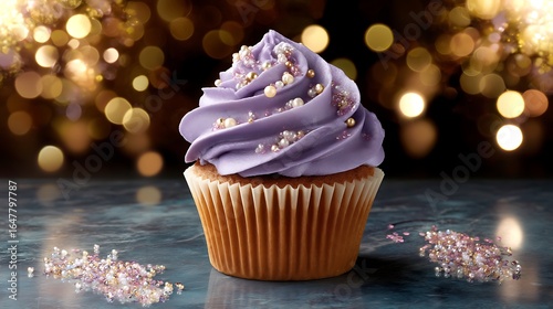 Delicious purple cupcake with sprinkles on a blurred background of golden lights