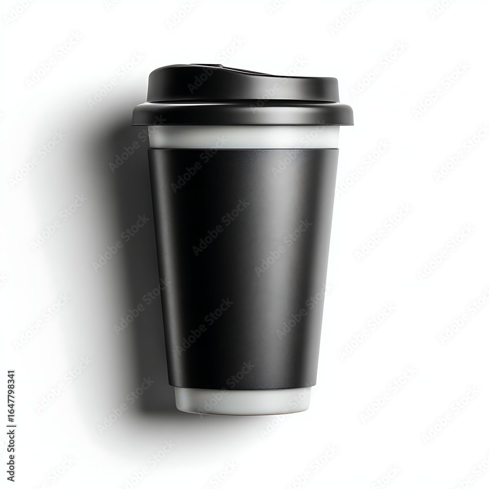 Sleek black coffee cup with white stripe and lid Sleek black coffee cup with white stripe and lid