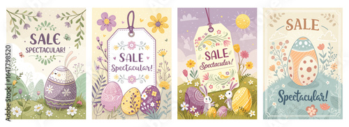 Colorful Easter-themed sale banners featuring decorated eggs and cute bunnies in a cheerful spring setting.