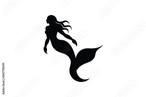 Black silhouette of a mermaid swimming in the water with flowing hair