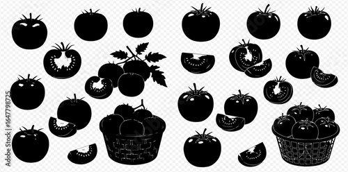 A graphic set of black tomato silhouettes, including whole fruit, slices, wedges, on the vine, and in baskets.