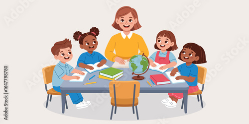 Teacher with children in classroom learning around globe, engaging geography lesson, educational interaction, books and notebooks on table