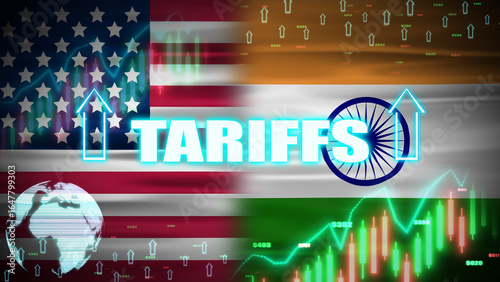 Tariffs increase animation with digital elements, India and usa waving flags. Trade war policy between usa and india concept digital animation.