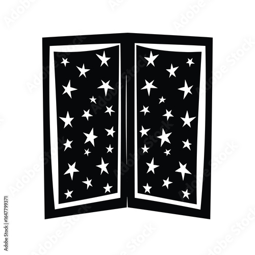 Black and white star patterned door opening to the night sky