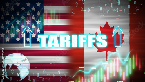 Usa and canada Trade war concept with tariffs word, digital elements and waving flags. Concept of trade policy between Canada and usa