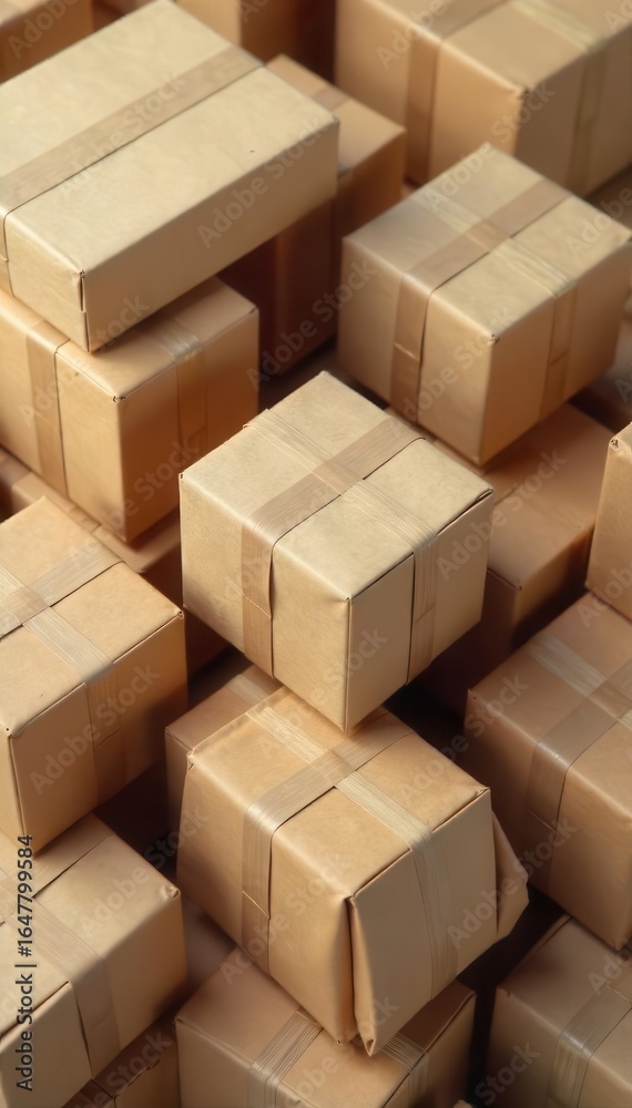Fototapeta premium A close-up of a delivery pattern with various packages and boxes stacked neatly , inventory, parcels
