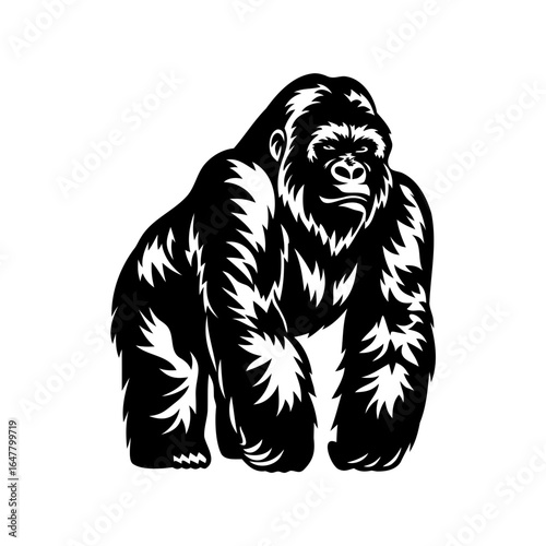 Powerful Black and White Gorilla Vector Illustration with Intricate Details