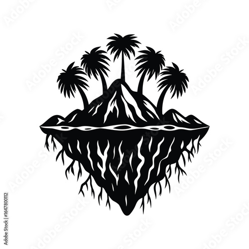 Monochrome floating island with palm trees reflected in the water illustration