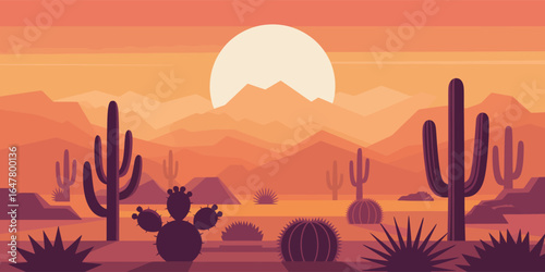 Desert sunset illustration with saguaro, prickly pear, agave, and yucca plants, warm orange-pink sky, and mountain silhouette backdrop